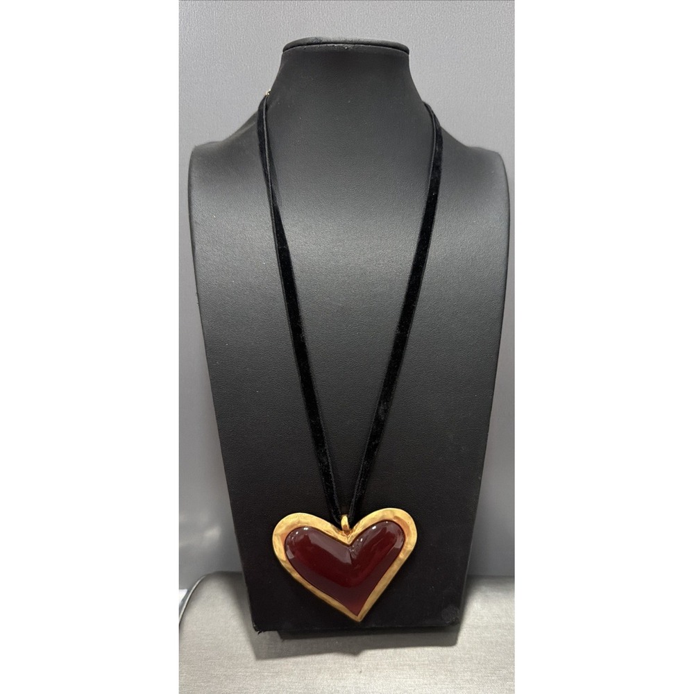 Gold Tone Brown Heart Pendant Necklace Black Velvet Cord 24" Large 2.5"